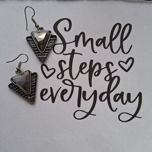 Triangle Drop Earrings - Silver Tone with Gray Accent